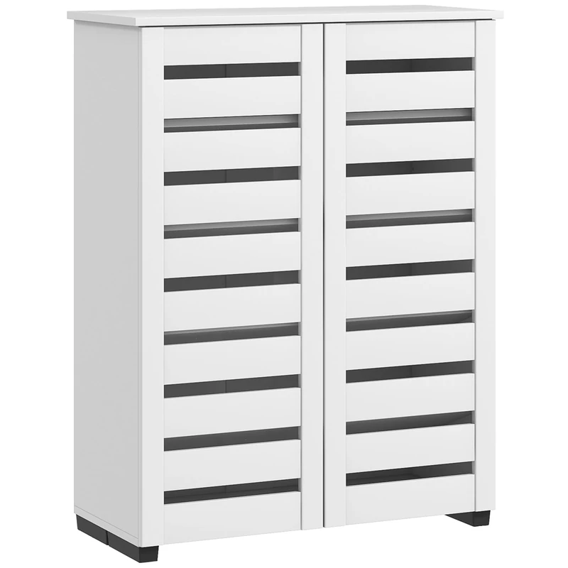 HOMCOM Narrow Shoe Cabinet for Entryway, 5-Tier Slim Shoe Storage Cabinet with 2 Slatted Doors and Adjustable Shelves for 15 Pairs, White