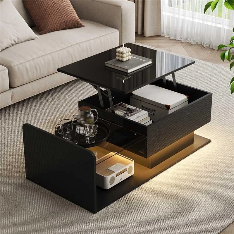 Ball & Cast Coffee Table, High-Gloss Black, Side Table, Coffee Table with Glass and LED Effect, with Glass Top