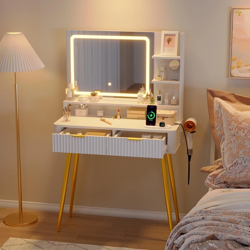 Dressing Table with LED Mirror and Socket, 3 Adjustable Tones, Wooden Makeup Table with 2 Drawers and 3 Open Shelves, Scandinavian Makeup Cabinet for Bedroom, Dressing Room (132 x 80 x 35 cm, White) - Image 1