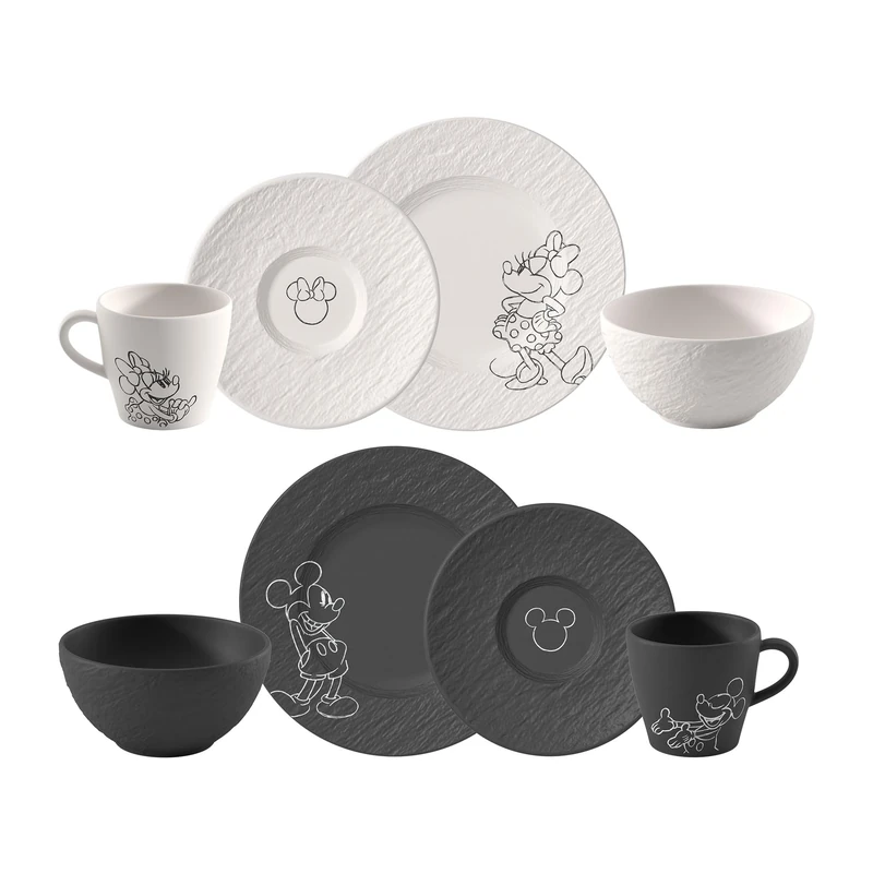 Villeroy & Boch Manufacture Rock – Mickey Mouse – Breakfast Set, 8 Pieces, Black/White, Dishwasher-Safe & Microwave-Safe, Slate Look with Disney Mickey Mouse Chalk Decoration, Premium Porcelain