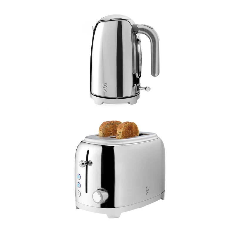 Salter Muse Chrome Kettle & 2‑Slice 815W Toaster Set – 1.7L, 3kW Rapid Boil, 360° Swivel Base, Wide Slots, Multiple Browning Levels, Defrost/Reheat/Cancel, Premium Chrome Finish