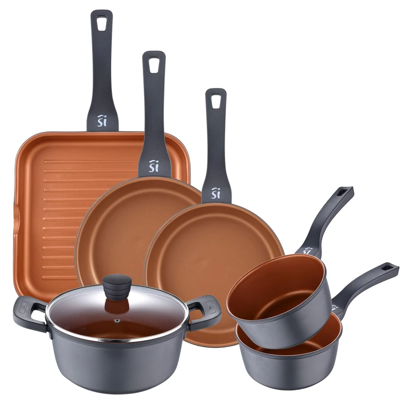 San Ignacio Bronze Cookware Set of 6 – Saucepan 24 cm with Lid+2X Saucepan 16 cm+Frying Pans Ø20Ø24cm+Grill 28 cm – Cast Aluminium Suitable for Induction
