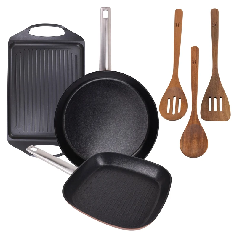 San Ignacio AGROS Pack of 4 Kitchen – Grill Plate 34 x 26 cm, Pan Ø30 cm, Square Grill 24 cm and Set of 3 Acacia Wood Utensils