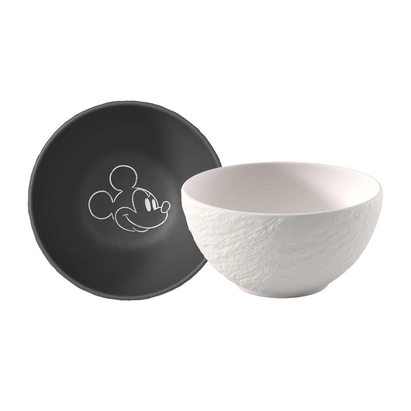 Villeroy & Boch Manufacture Rock – Mickey Mouse – Cereal Bowl, 2 Pieces, Black/White, Dishwasher-Safe & Microwave-Safe, Slate Look with Disney Mickey Mouse Chalk Decoration, Premium Porcelain