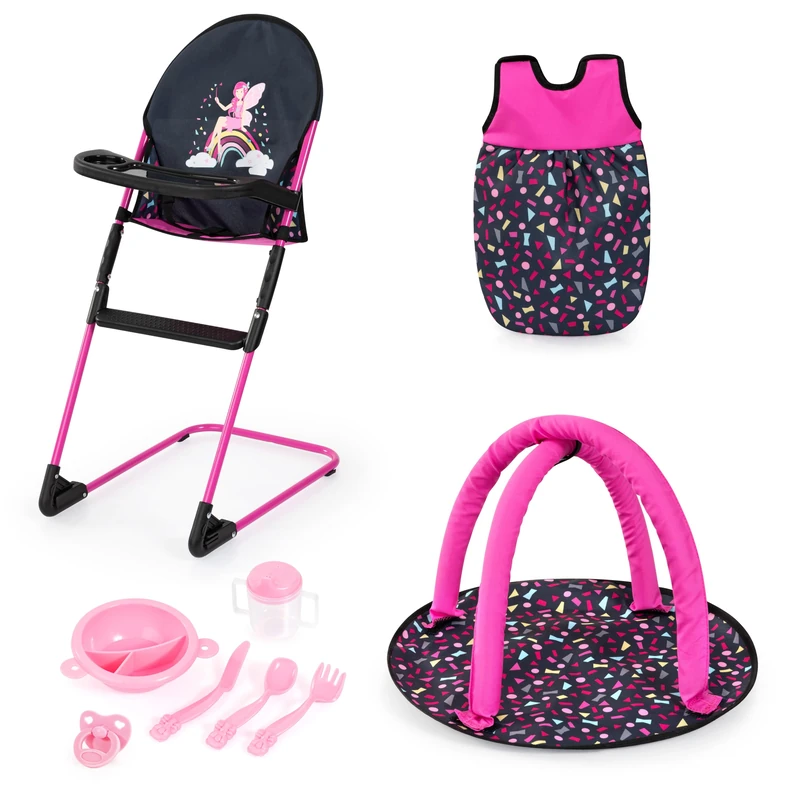 Bayer Design 63280AC Doll’s high chair, play arch, doll’s sleeping bag and doll accessories for children’s role-play, play set for ages 3+