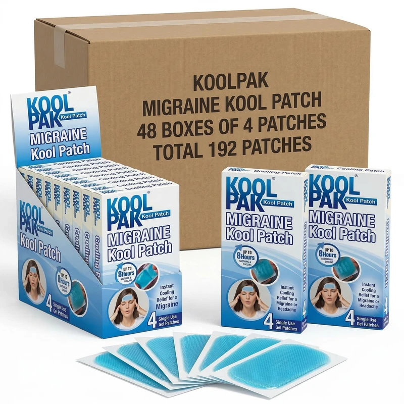 Koolpak Migraine Cooling Patches – Box of 48 Packs (192 Gel Strips) – Bulk Supply for Workplace, Pharmacy or Clinic – Non-Medicinal Cooling Strips for Migraine and Headache Relief – 8 Hour Cooling - Image 1