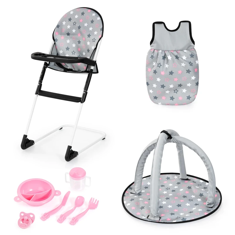 Bayer Design 63207AC Doll’s high chair, play arch, doll’s sleeping bag and doll accessories for children’s role-play, play set for ages 3+