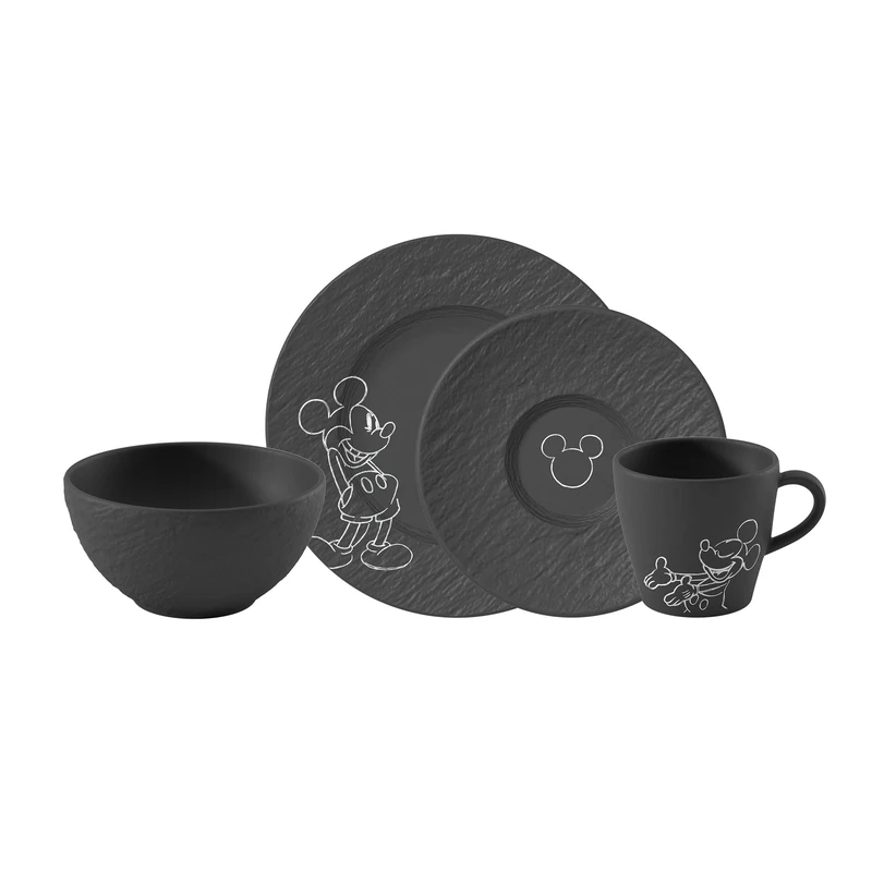 Villeroy & Boch Manufacture Rock – Mickey Mouse – Breakfast Set, 4 Pieces, Black, Dishwasher-Safe & Microwave-Safe, Slate Look with Disney Mickey Mouse Chalk Decoration, Premium Porcelain