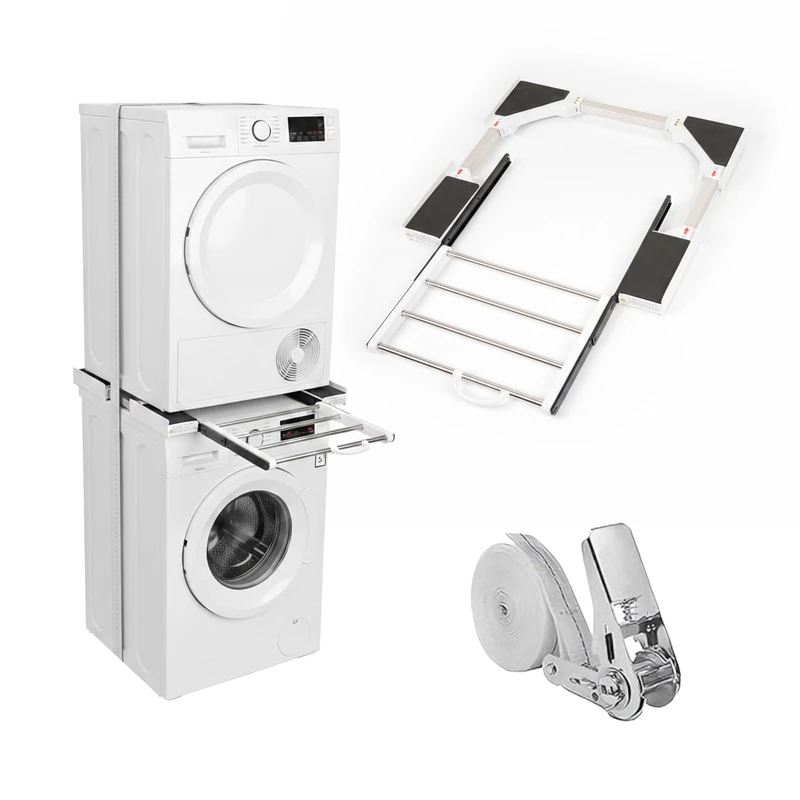 Relaxdays stacking frame - dryer on washing machine, adjustable 45-72 cm, universal kit with ratchet strap, white
