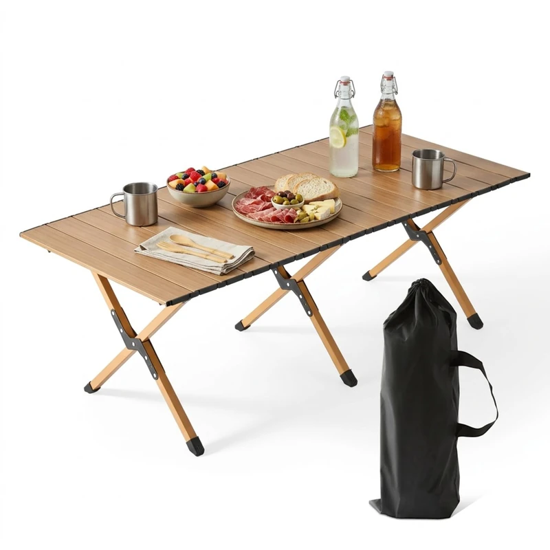 Relaxdays Foldable Camping Table, Height-Adjustable, Wood-Effect, 44x120x60 cm, with Carrying Bag, Natural