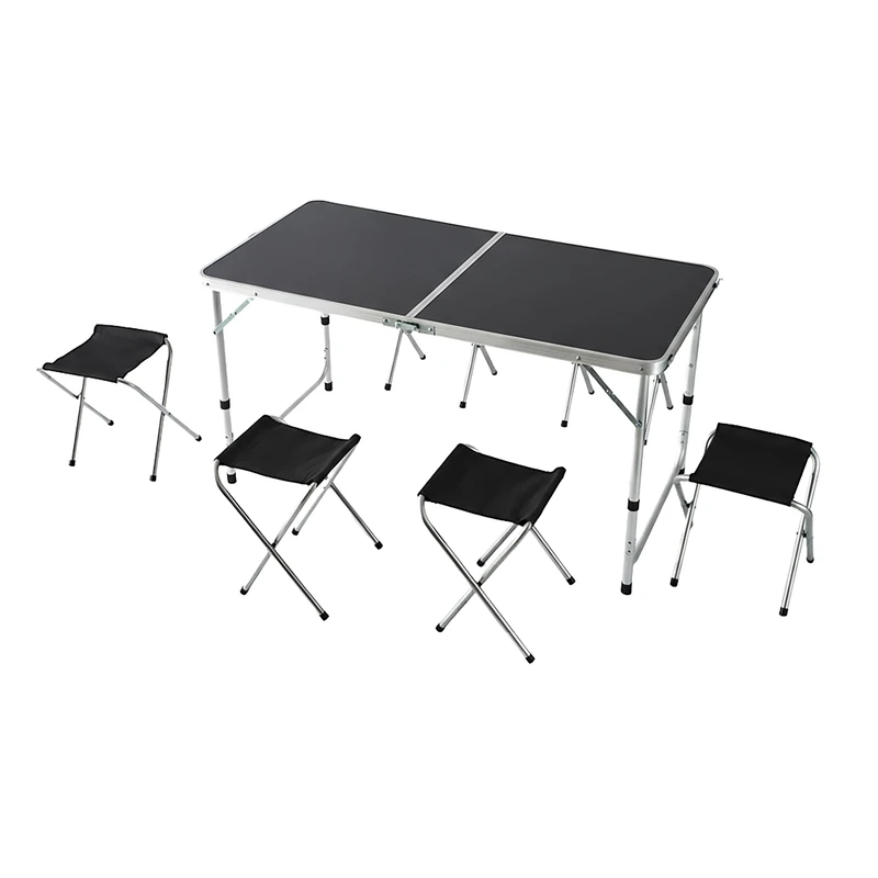 Relaxdays Folding Camping Table with 4 Stools, Height-Adjustable, Aluminum & MDF, Carry Handle, 71x120x60cm Black