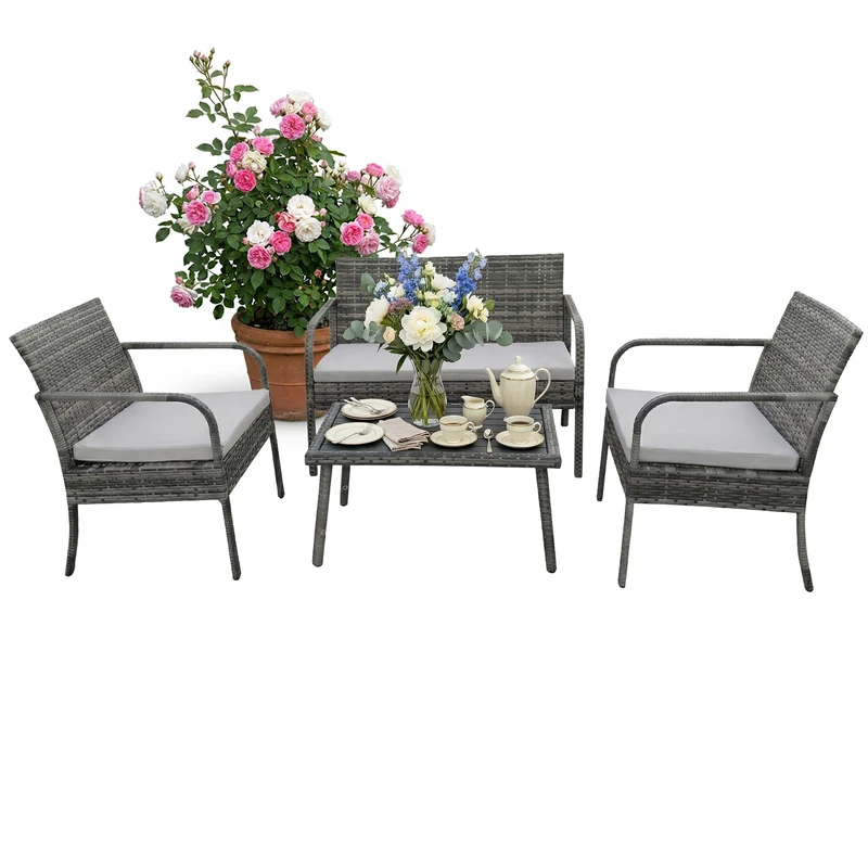 Relaxdays 4-Piece Garden Furniture Set with Rattan Seats for 4, Includes Bench, Chairs, and Table, Grey, 78x106x56 cm