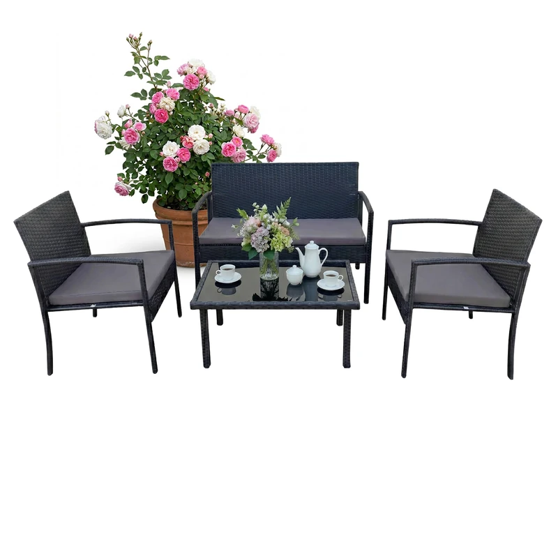 Relaxdays 4-Piece Garden Rattan Furniture Set for 4 with Bench, Chairs & Glass Table, Outdoor Black 78x106x58 cm