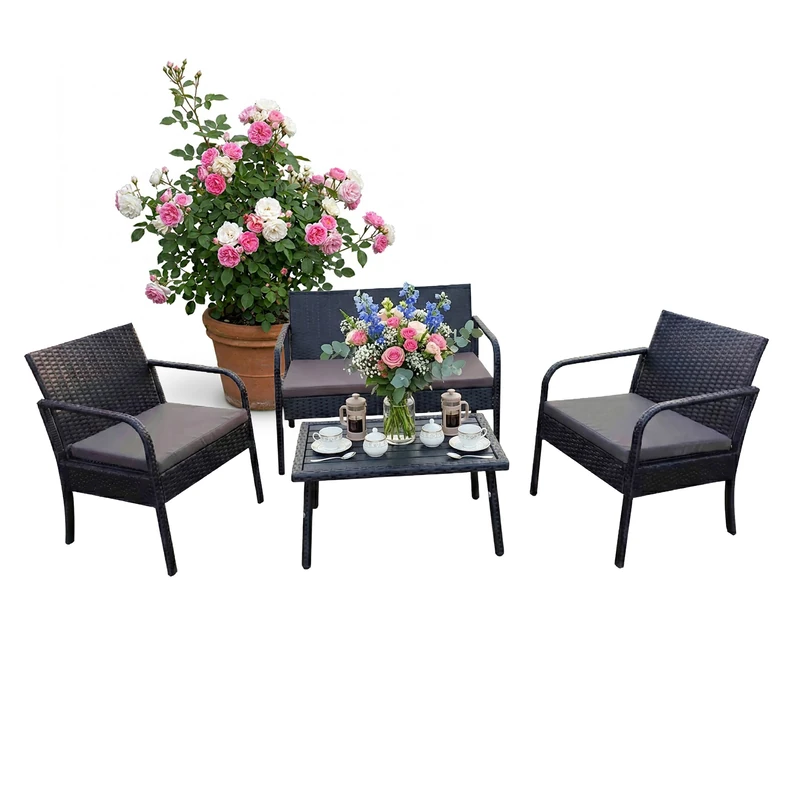 Relaxdays 4-Piece Rattan Garden Furniture Set with Bench, Chairs, Table, Outdoor Lounge, 78x106x56 cm, Black