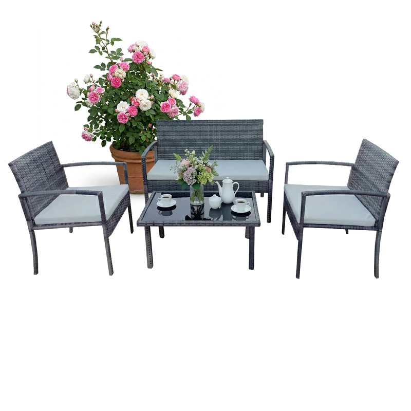 Relaxdays 4-Piece Rattan Garden Lounge Set with Bench, Chairs & Glass Table, Outdoor, Grey, 78x106x58 cm