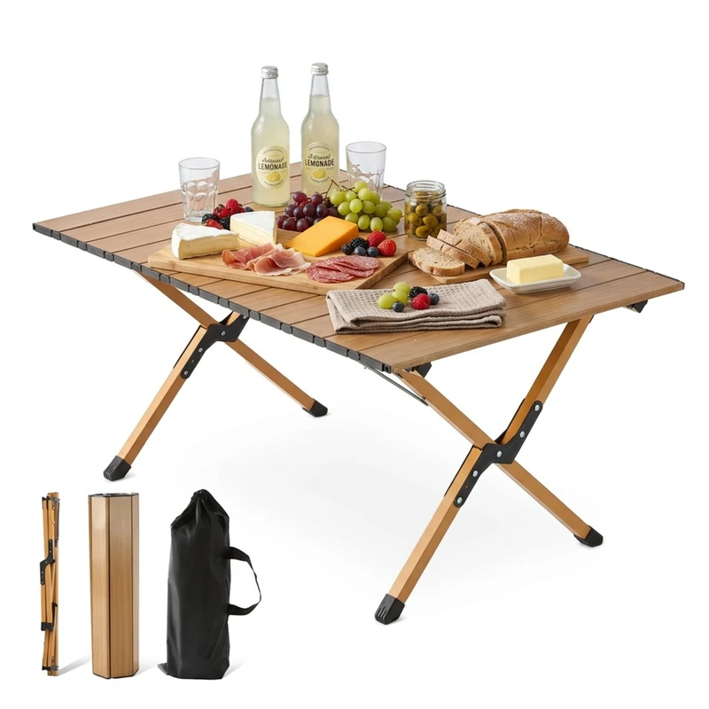 Relaxdays Camping Table, Foldable & Height-Adjustable, Wood Effect, 44x90x60 cm, Includes Carry Bag, Natural