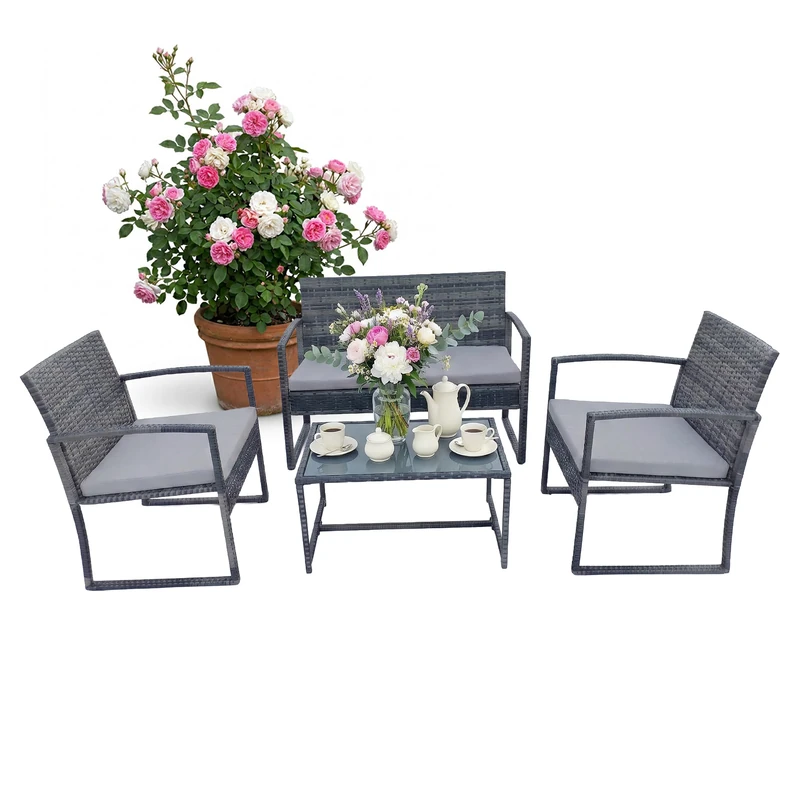 Relaxdays 4-Piece Rattan Garden Lounge Set for 4, Includes 2 Chairs, Bench & Glass Table, Outdoor, Grey, 78x106x56 cm