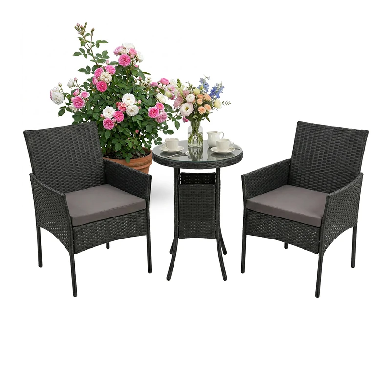 Relaxdays Garden Rattan Furniture Set for 2, 3-Piece Outdoor Armchair & Glass Table, Black, 80x55x59cm - Image 1
