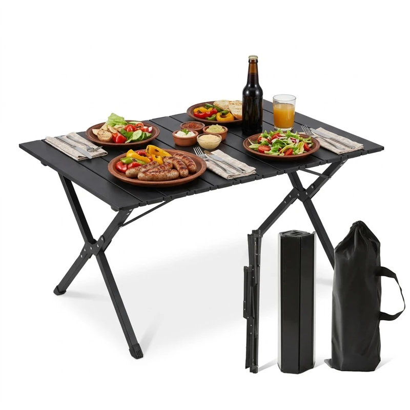Relaxdays foldable camping table, height-adjustable, weatherproof, with carry bag, 44 x 90 x 60 cm, black