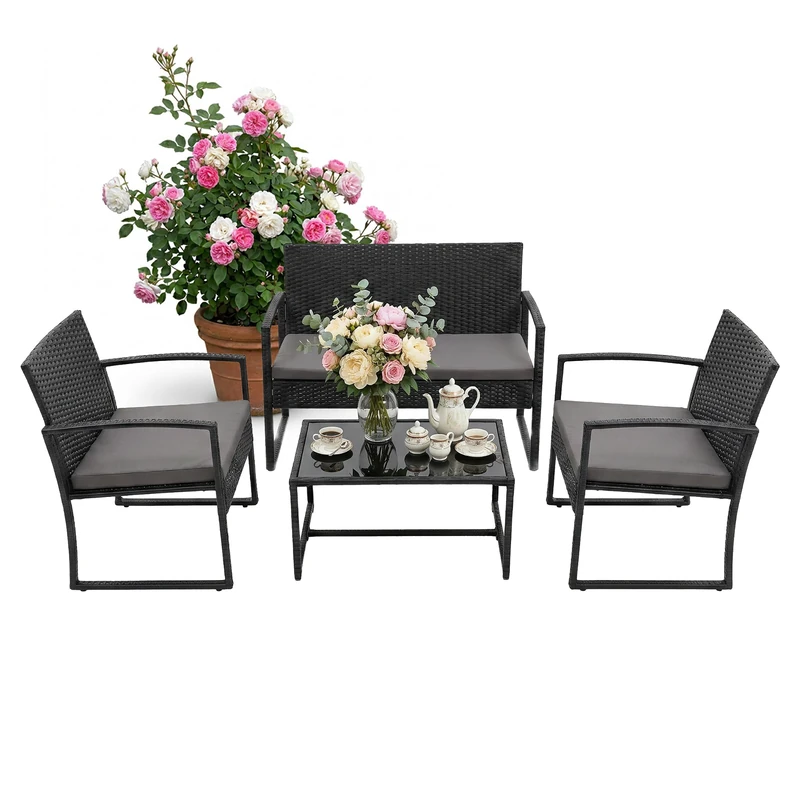Relaxdays Garden Furniture Set, 4-Piece Polyrattan Seating, 2-Seater Bench, 2 Chairs & Glass Table, Outdoor, Black, 78x1
