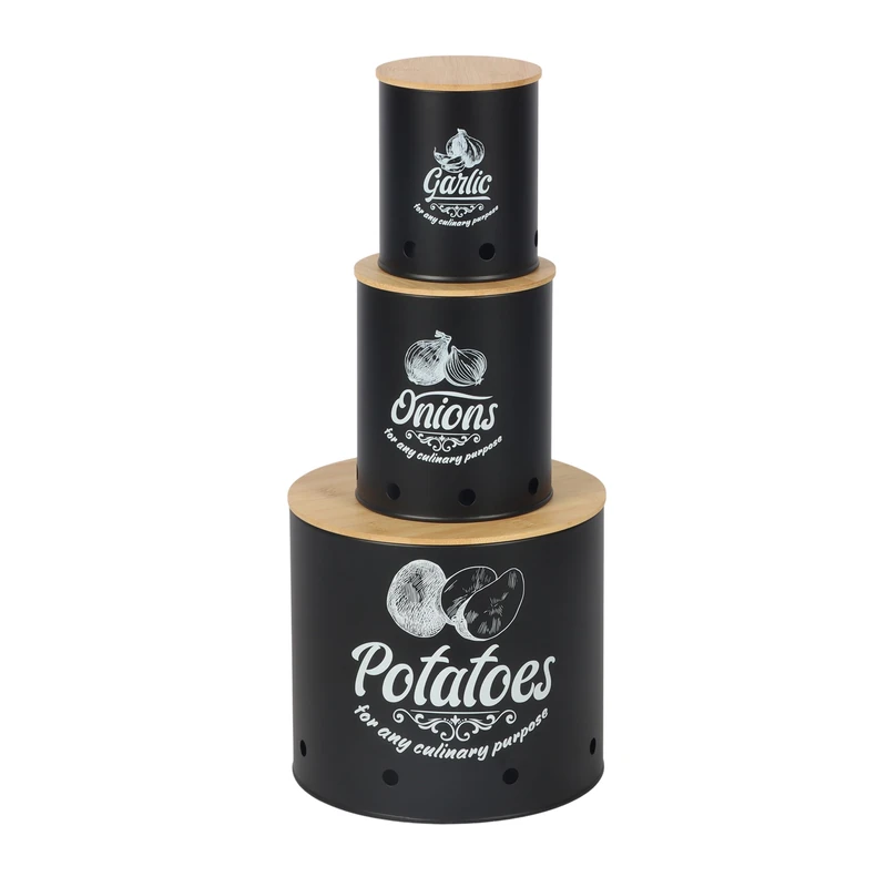 Relaxdays Storage Box Set of 3 for Potatoes, Onions, Garlic | Steel Kitchen Containers with Lids | 20.5x22.5x22.5 cm Bla