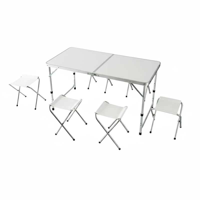 Relaxdays Camping Table with 4 Foldable Stools, Adjustable Height, Carry Handle, Aluminum & MDF, White, 71x120x60 cm - Image 1