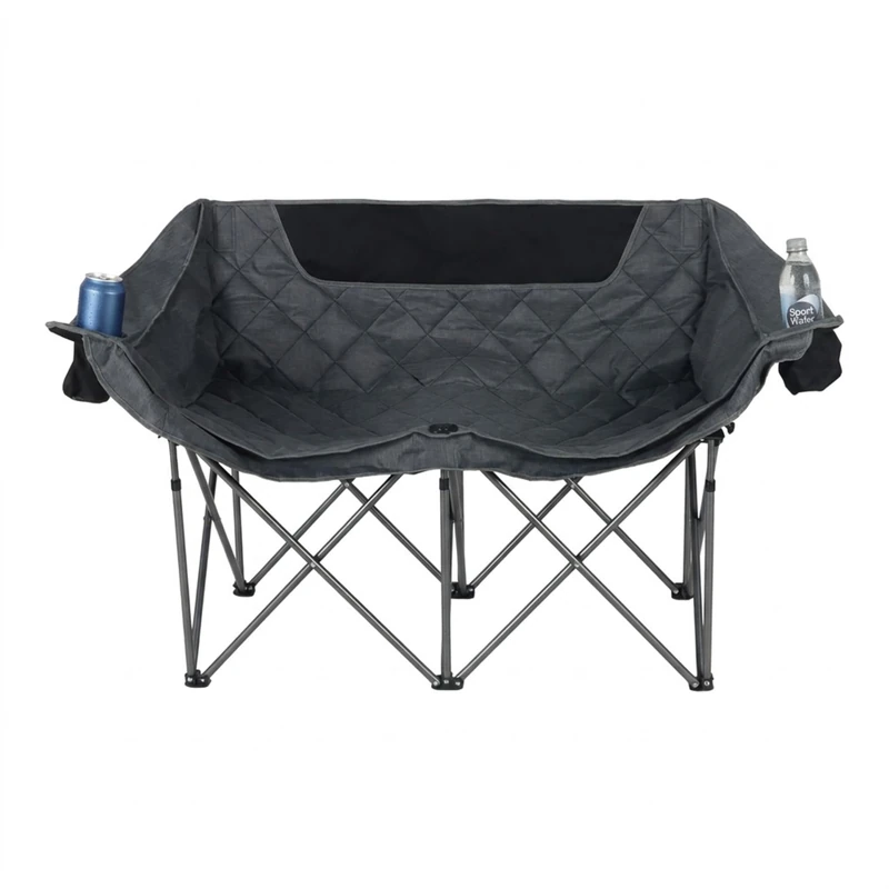 Relaxdays 2-Person Folding Camping Bench with Armrests, Cup Holders & Carrying Bag, 84x146x54 cm, Grey