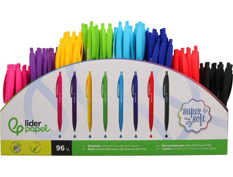 Retractable paper pen with clip finish soft touch tip 1 mm display of 96 units assorted colours. - Image 1