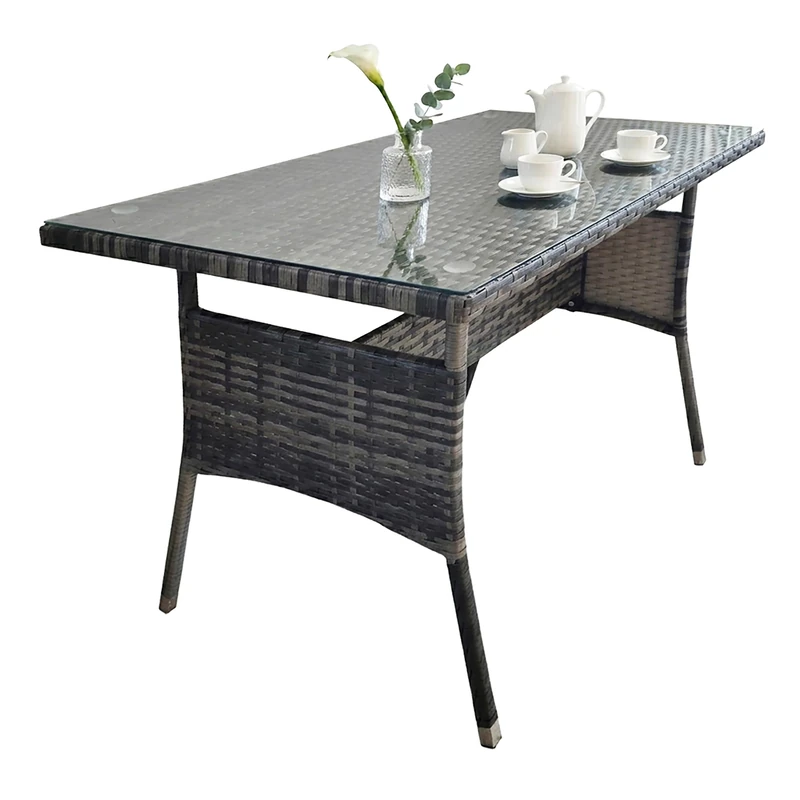 Relaxdays Weatherproof Polyrattan Garden Table with Glass Top, Rectangular Dining, 70×100×60 cm, Grey