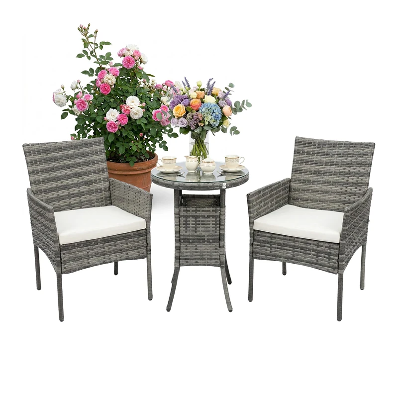 Relaxdays Garden Lounge Set, 3-Piece Rattan Seating for 2, Armchairs & Glass Table, Outdoor, Grey, 80x55x59 cm - Image 1