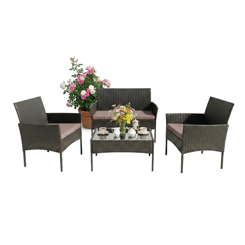 Relaxdays 4-Piece Rattan Garden Furniture Set with Sofa, Armchairs & Glass Table, Outdoor Black 80x101x59 cm - Image 1