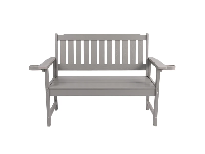 HIPS Outdoor Patio Bench with Cup Holders, 2-Person Weather Resistant Garden Bench (Light Grey) - Image 1