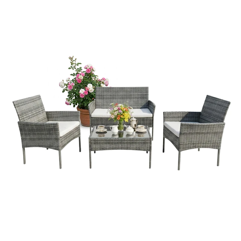 Relaxdays 4-Piece Rattan Garden Set for 4 - Sofa, Armchairs & Glass Table, Outdoor, Grey, 80x101x59 cm - Image 1