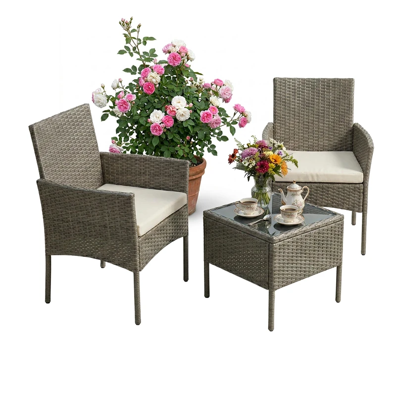 Relaxdays 3-Piece Rattan Garden Lounge Set for 2 with Armchairs & Glass-Top Table, Grey, 82x58x57 cm - Image 1