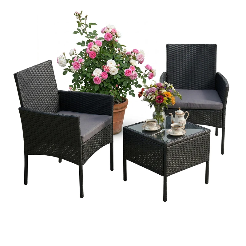 Relaxdays 3-Piece Rattan Garden Furniture Set for 2 with Armchairs & Glass Table, Outdoor, Black, 82x58x57 cm - Image 1