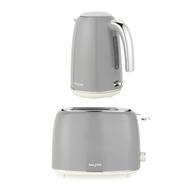Salter Retro Kettle & 2-Slice Toaster Set – 1.7L 3kW Jug Kettle with 360° Base, Water Level Window, 815W Wide Slot Toaster, Plastic, 6 Browning Levels, Removable Crumb Tray, Grey