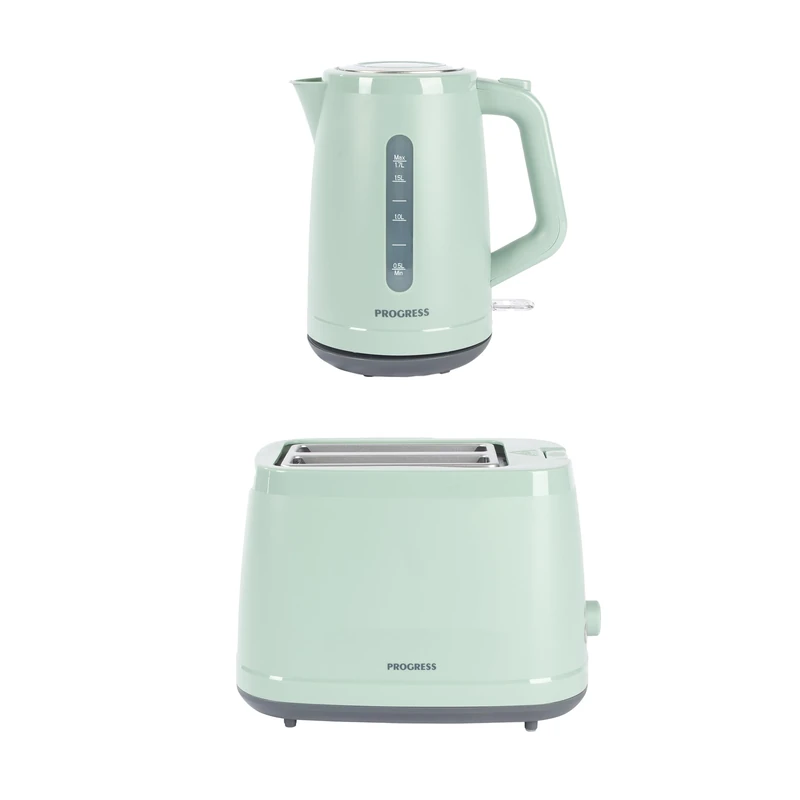Progress Neutrals Kettle & 2‑Slice Toaster Set – 1.7L 3000W Fast‑Boil Kettle, 360° Swivel Base, Boil-Dry Protection, 900W Toaster with 6 Browning Levels, Wide Slots, Removable Crumb Tray, Green - Image 1