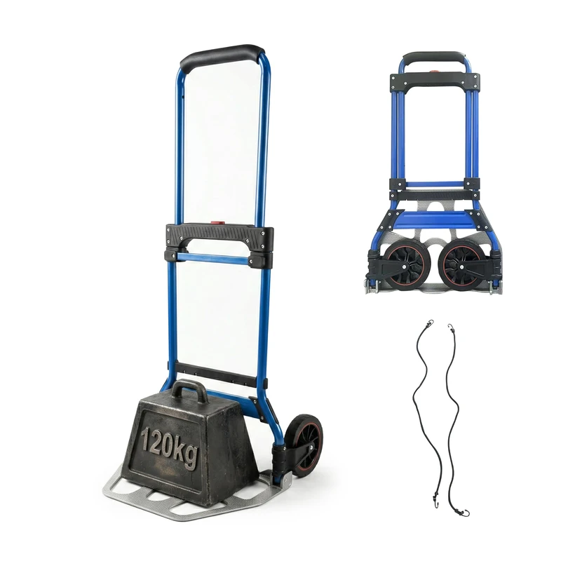Relaxdays Folding Sack Truck, 120kg Capacity, Telescopic Handle, Transport Trolley, Silver/Blue, 111x52x48cm - Image 1