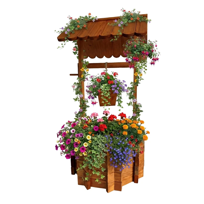 Relaxdays Plantable Wooden Garden Fountain with Bucket & Crank, 114x56x56 cm, Orange