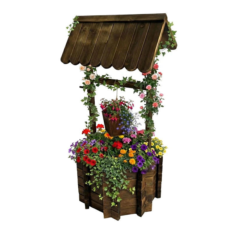 Relaxdays Garden Fountain, Wooden Decorative Ornament, Bucket & Crank, 114x56x56 cm, Brown