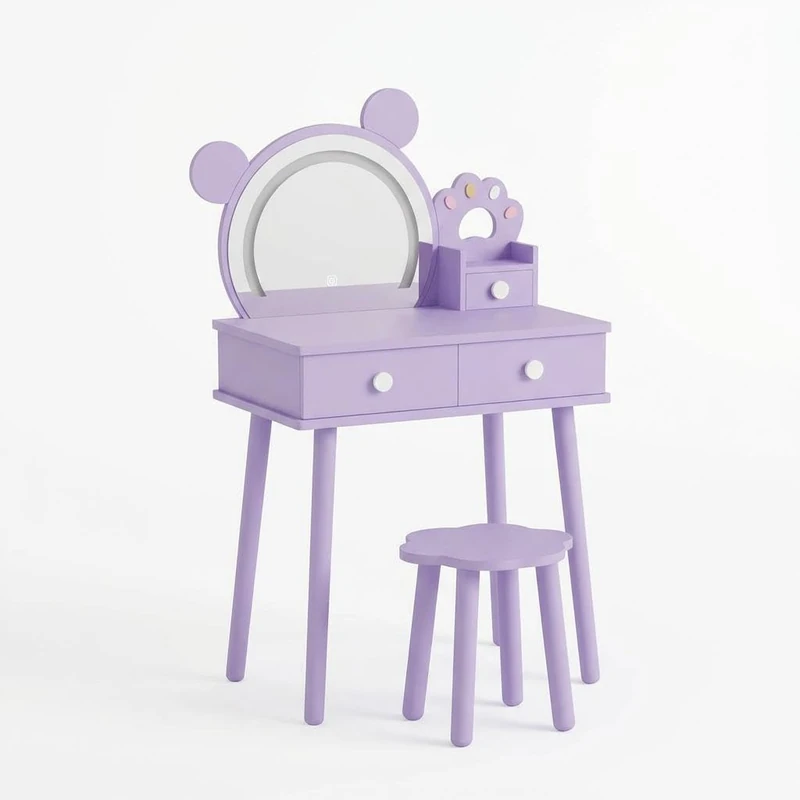Small Children's Dressing Table with Stool and LED Mirror, 3 Adjustable Brightness, 2-in-1 Wooden Makeup Table with 3 Drawers, Scandinavian Children's Dressing Table Set for Bedroom, Dressing Room - Image 1