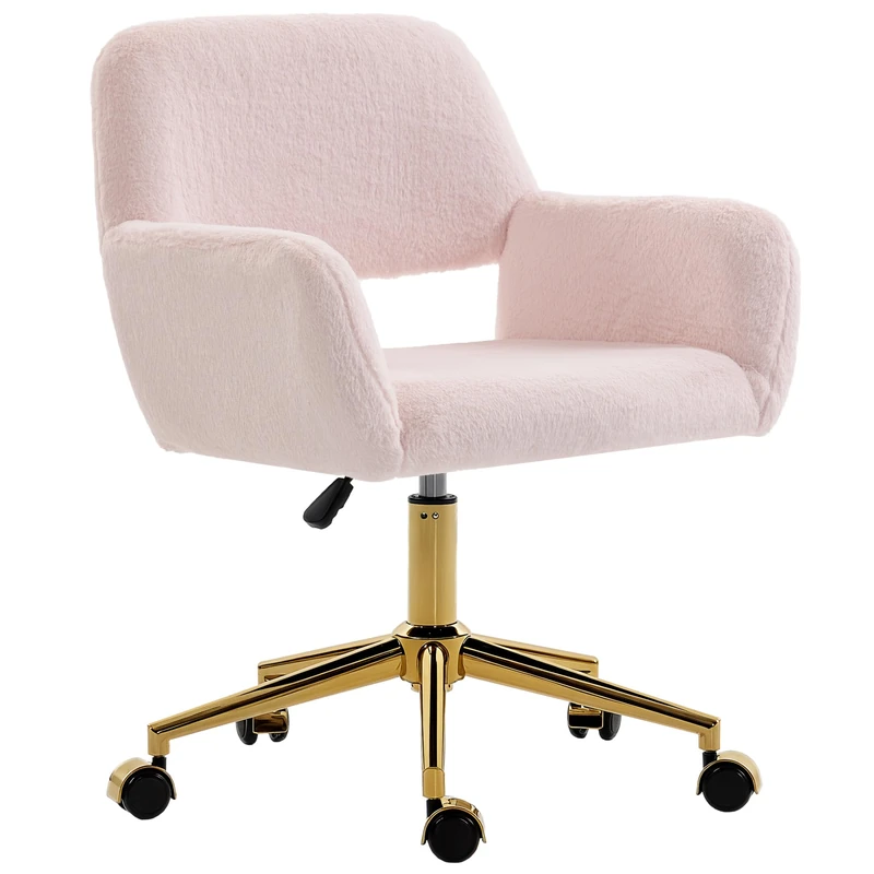 HOMCOM Swivel Office Chair Faux Rabbit Fur Adjustable Height Light Pink