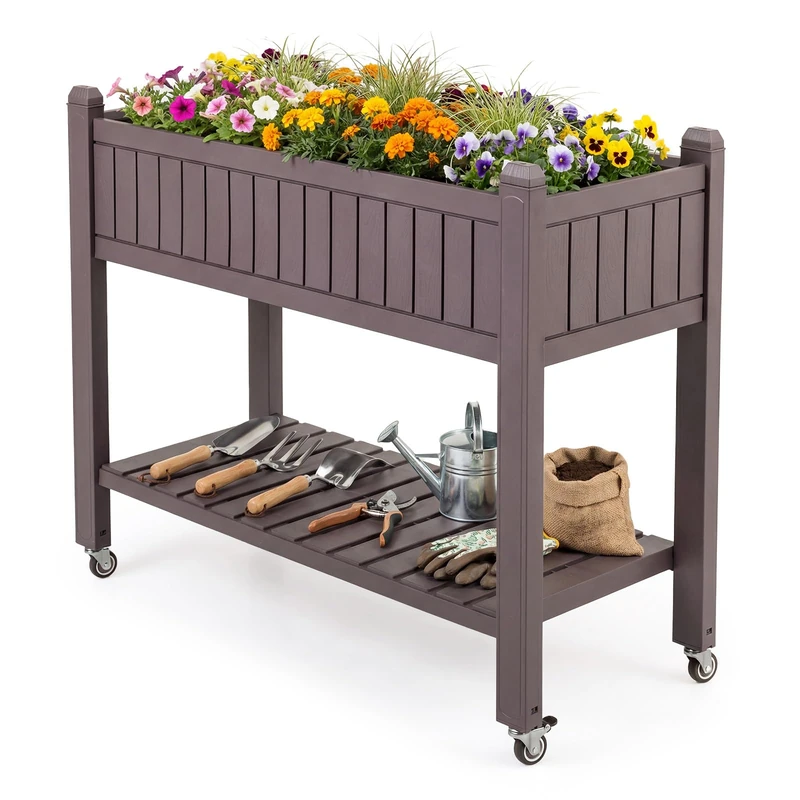 FANTASK Flower Box with Shelf & 4 Wheels, Raised Bed with Water Level Indicator and Drainage Holes, Plastic & Metal Garden Bed, Herb Bed, Vegetable Bed, Growing Bed for Balcony, Garden, Patio, Brown