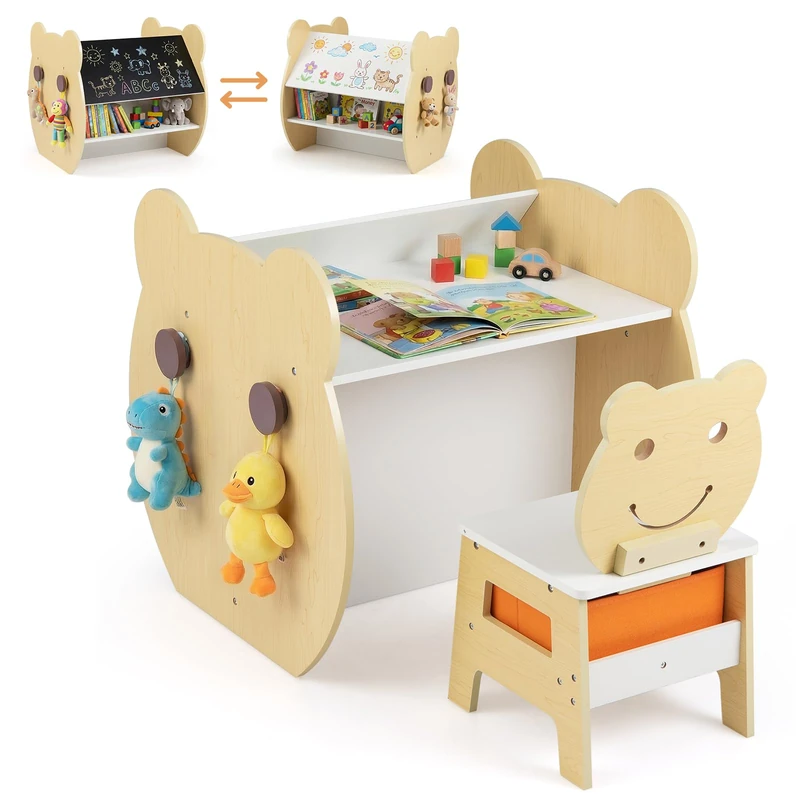 GYMAX Kids Table and Chair Set, Wooden Toddler Activity Table with Whiteboard, Blackboard, Side Hooks and Fabric Bin, 3 in 1 Children Desk Set for Boys Girls (Natural+White)