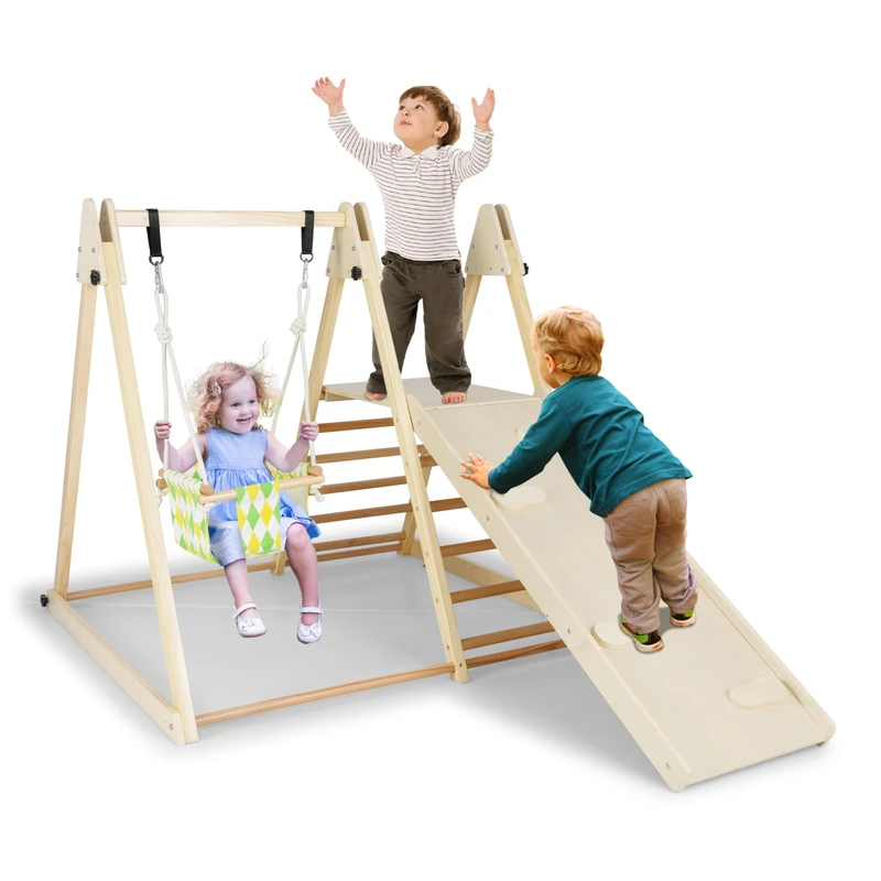 GYMAX 4 in 1 Kids Climbing Set, Wooden Toddler Climber Set with Baby Swing, Ramp and Adjustable Rope, Indoor Playground Children Climbing Frame for 1 Years Old + Boys Girls (Natural) - Image 1
