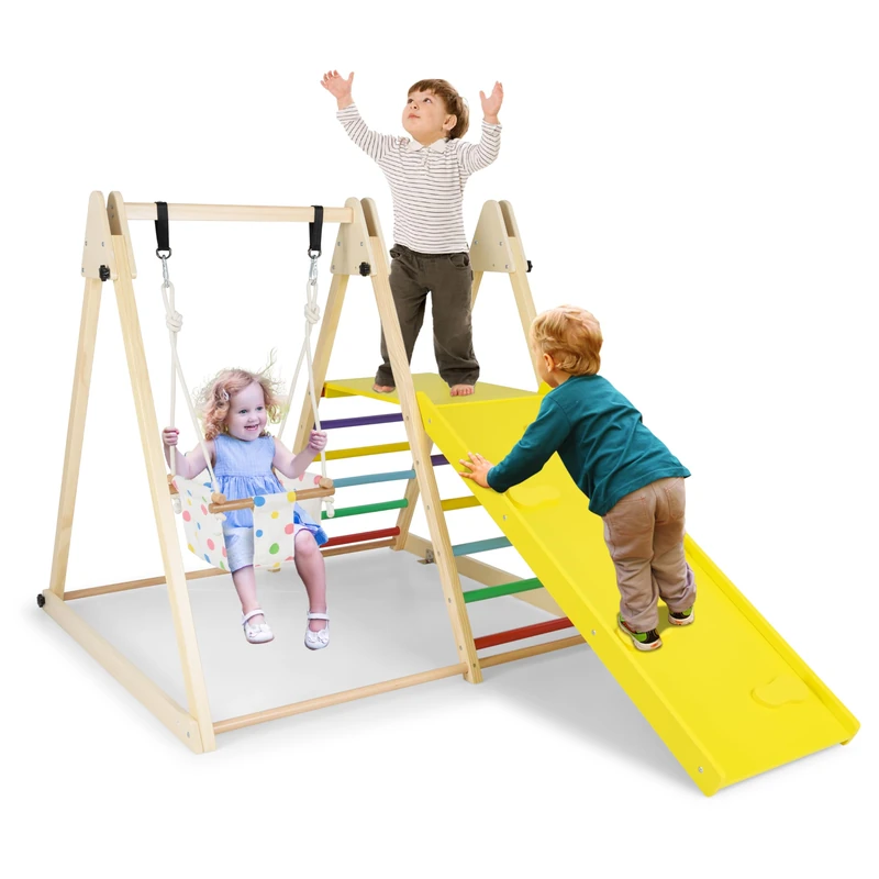 GYMAX 4 in 1 Kids Climbing Set, Wooden Toddler Climber Set with Baby Swing, Ramp and Adjustable Rope, Indoor Playground Children Climbing Frame for 1 Years Old + Boys Girls (Colorful)