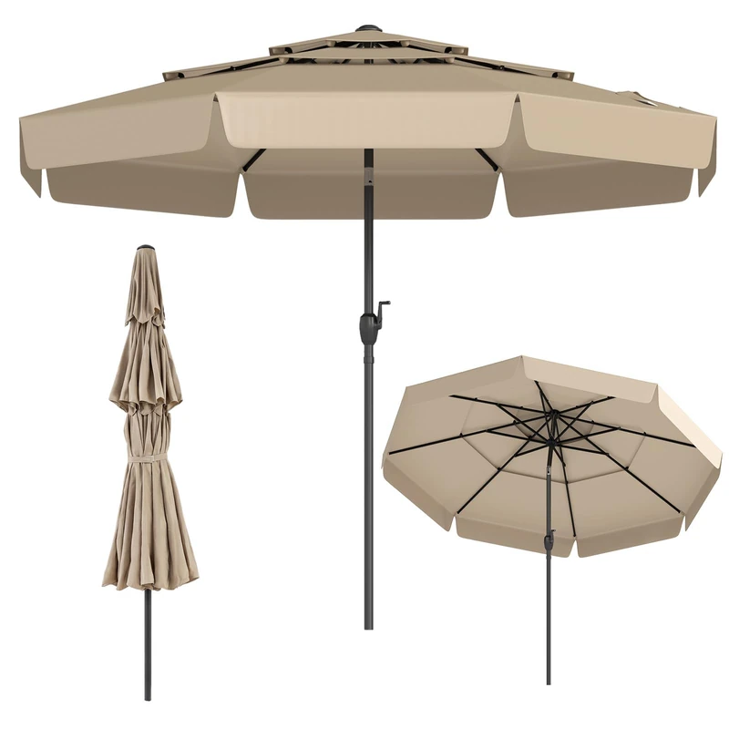 FANTASK 300 cm Parasol with Valance, 3-Tier Patio Umbrella with Crank, 35° Bendable on Both Sides, Market Umbrella with 8 Ribs, Garden Umbrella Windproof Stable for Garden, Balcony (Beige) - Image 1