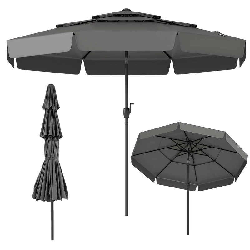FANTASK 300 cm Parasol with Valance, 3-Tier Patio Umbrella with Crank, 35° Bendable on Both Sides, Market Umbrella with 8 Ribs, Garden Umbrella Windproof Stable for Garden, Balcony (Grey)