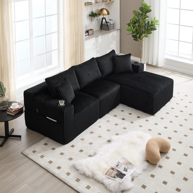 Ball & Cast 257 CM L Shaped Modular Boneless Sofa, Sectional Corner Sofa with Movable Ottoman＆Deep Seat＆Wide Armrest Design, Cloud Couch for Living Room, Bedroom, No Assembly Required (Black)