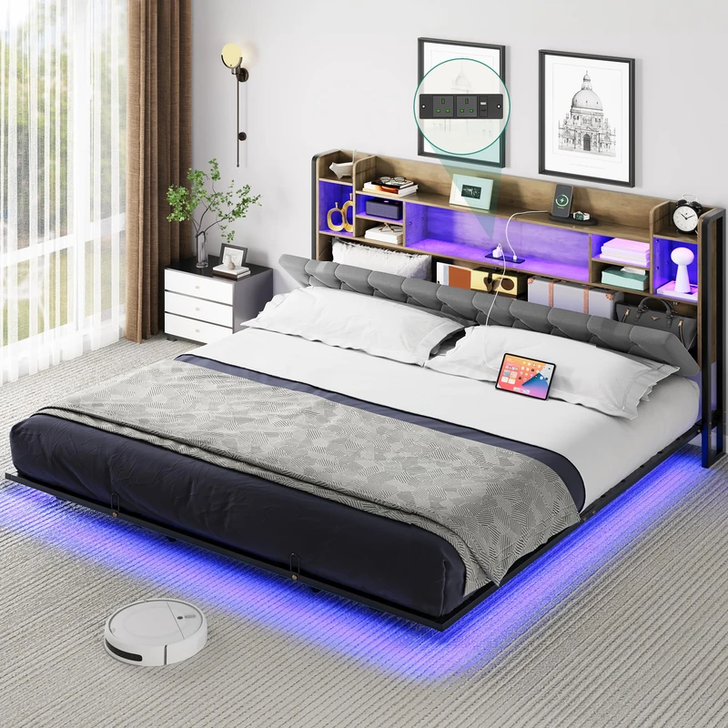 YITAHOME Bed Frame,LED with Headboard,USB Ports & Charging Outlets,Metal Platform Bed Frame with 2 Tiers Storage Shelves, No Box Spring Needed Super King Size Light Grey Color